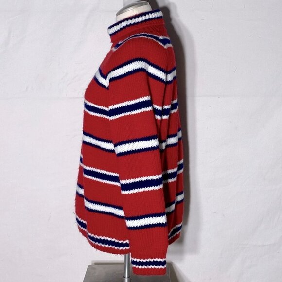 Handmade Knit Red White Blue Striped Turtleneck Sweater M - Picture 3 of 10